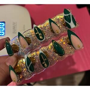 Medium stiletto press on nails green french tips gold rose white handmade custom